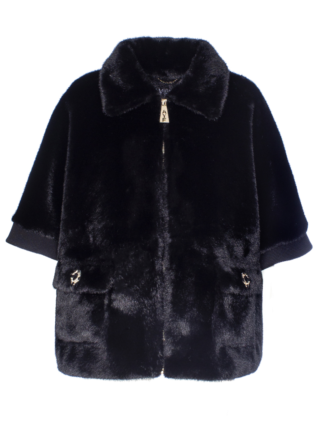 MANTELLA FAUX FUR FAKE MINK DETTAGLIO GIOIELLO E MANICA MAGLIA,2 TG,100%PL,M PRCDE IN PRC      - BLACK